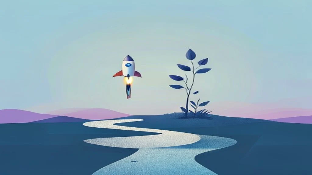 Ilustracja: rakieta i rosnąca roślina — Google Ads kontra pozycjonowanie strony